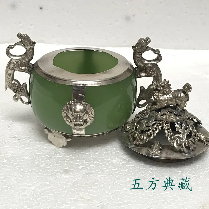 Antique cobre folheado jade aroma queimador, ágata verde decoração, orelhas de animais, leão incenso queimador, artesanato antigo e bronze