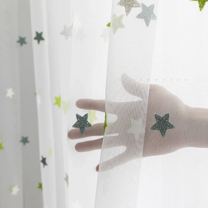 3D Green Stars Voile Curtains For Kids Girs Bedoom Window Sweet White Tulle Curtain in Living room Birthday party decor M065D3