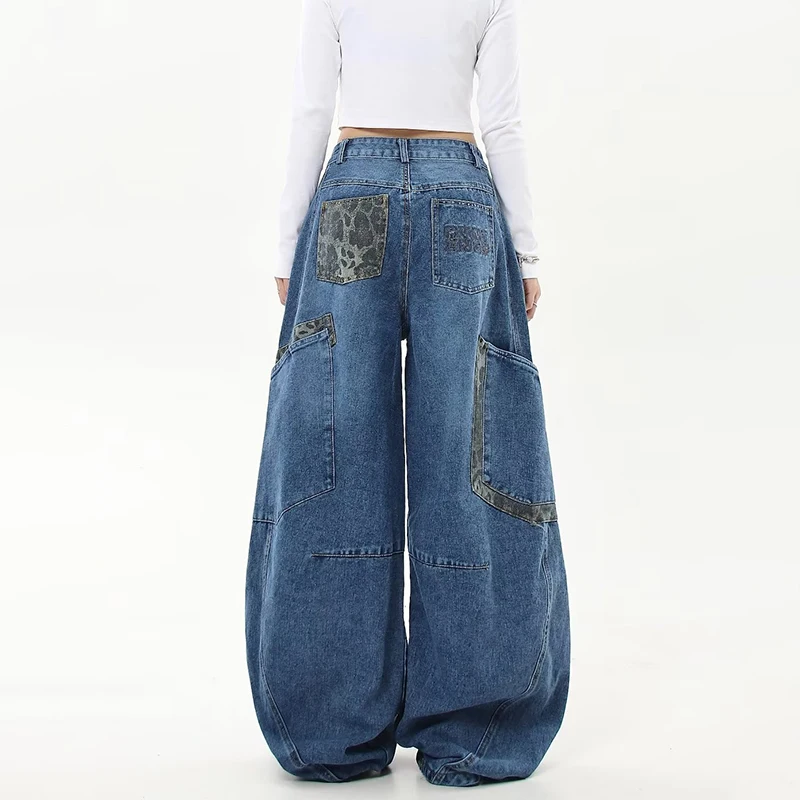 Jeans coreani retrò vintage a gamba larga per donna Pantaloni patchwork con stampa leopardata autunno e inverno Jeans larghi a vita alta
