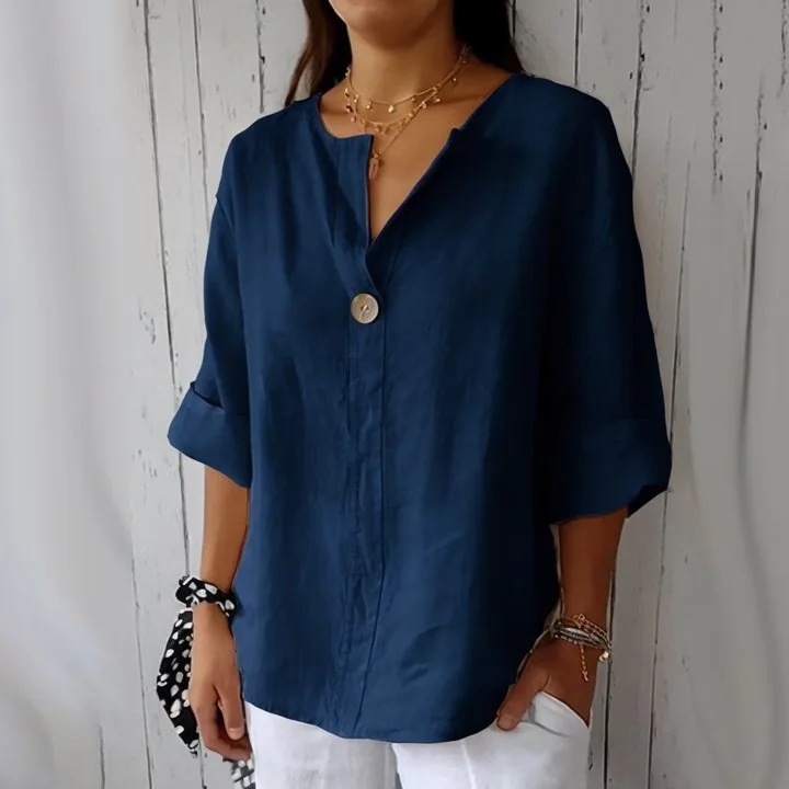 

Summer New Loose Comfortable Casual V Neck Linen Button T Shirt Women