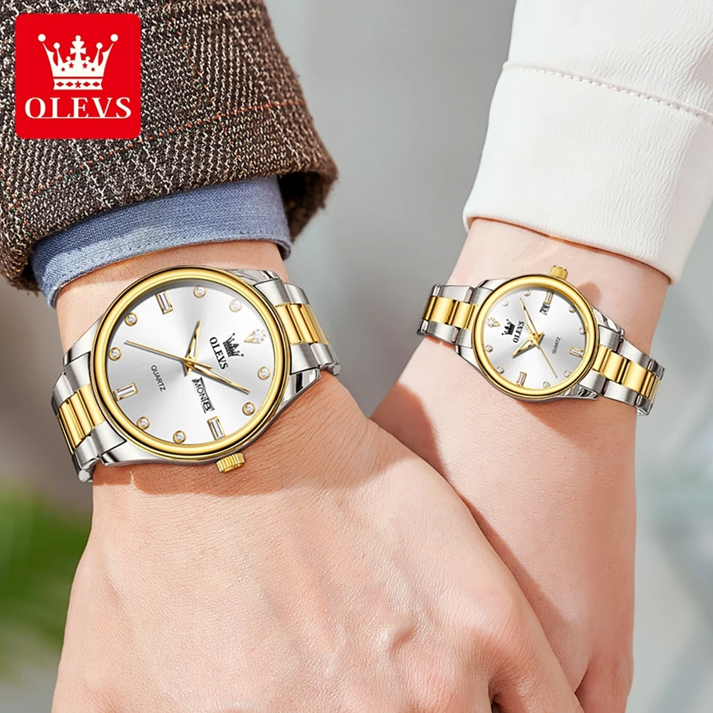 Olevs marca original casal relógio de luxo relógio quartzo à prova dwaterproof água aço inoxidável data dele e dela amante da moda casal relógio