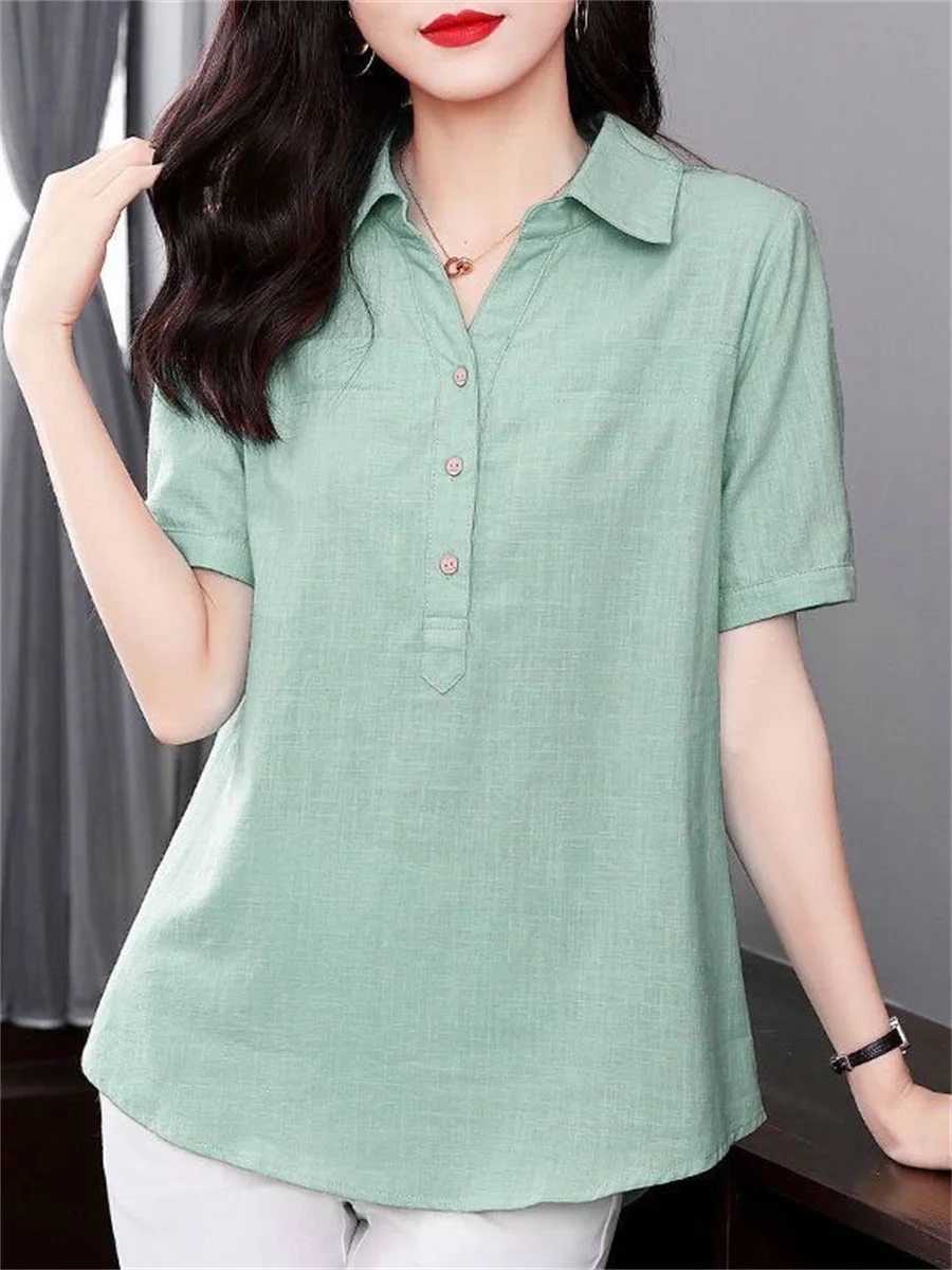 5XL Women Spring Summer Blouses Shirts Lady Fashion Casual Short Sleeve Turn-down Colla Solid Color Blusas Tops TT2065