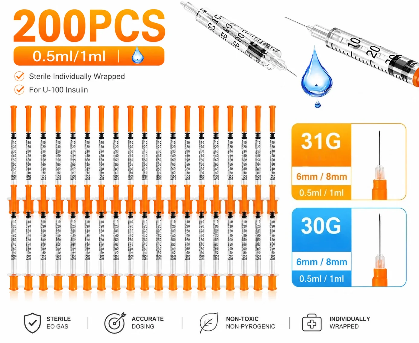 100/200 PCS Sterile Disposable Insulin Injection Syringe Multi Sizes 6mm/8mm 0.5ml/1ml Individually Wrapped Portable Injector