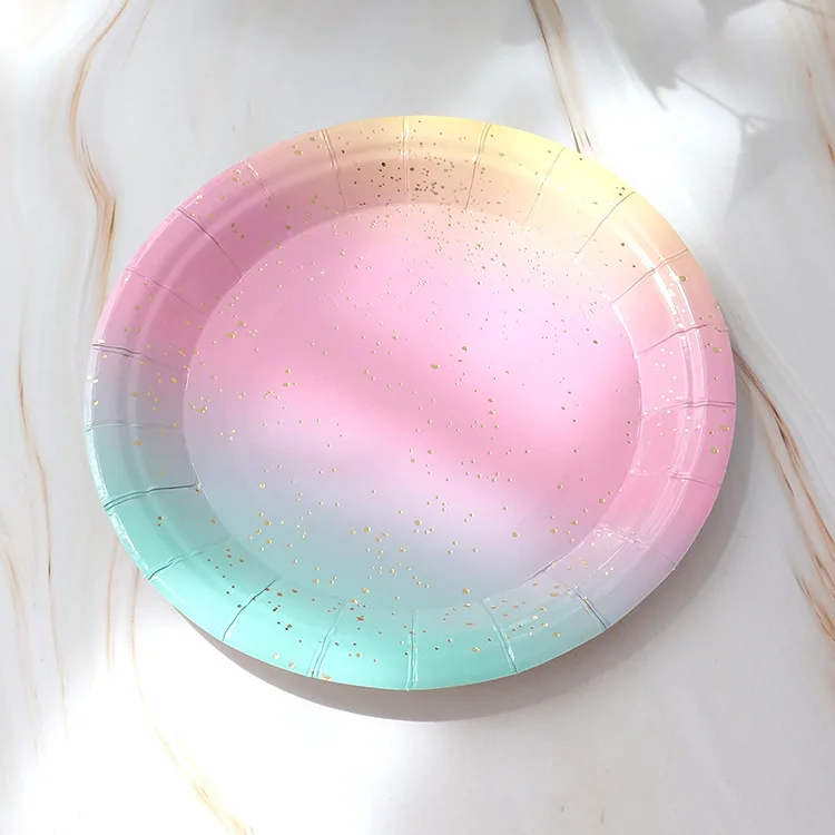10Guests Rainbow Birthday Disposable Tableware Rainbow Gradient Plates Cups Napkins Kids Girl Happy Rainbow Birthday Party Decor