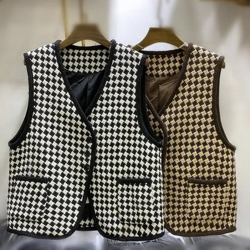 

Retro Houndstooth Xiaoxiangfeng Vest Women's Autumn Winter New Plaid Spliced Sleeveless Button Pocket Fashion Standard Coat Tops