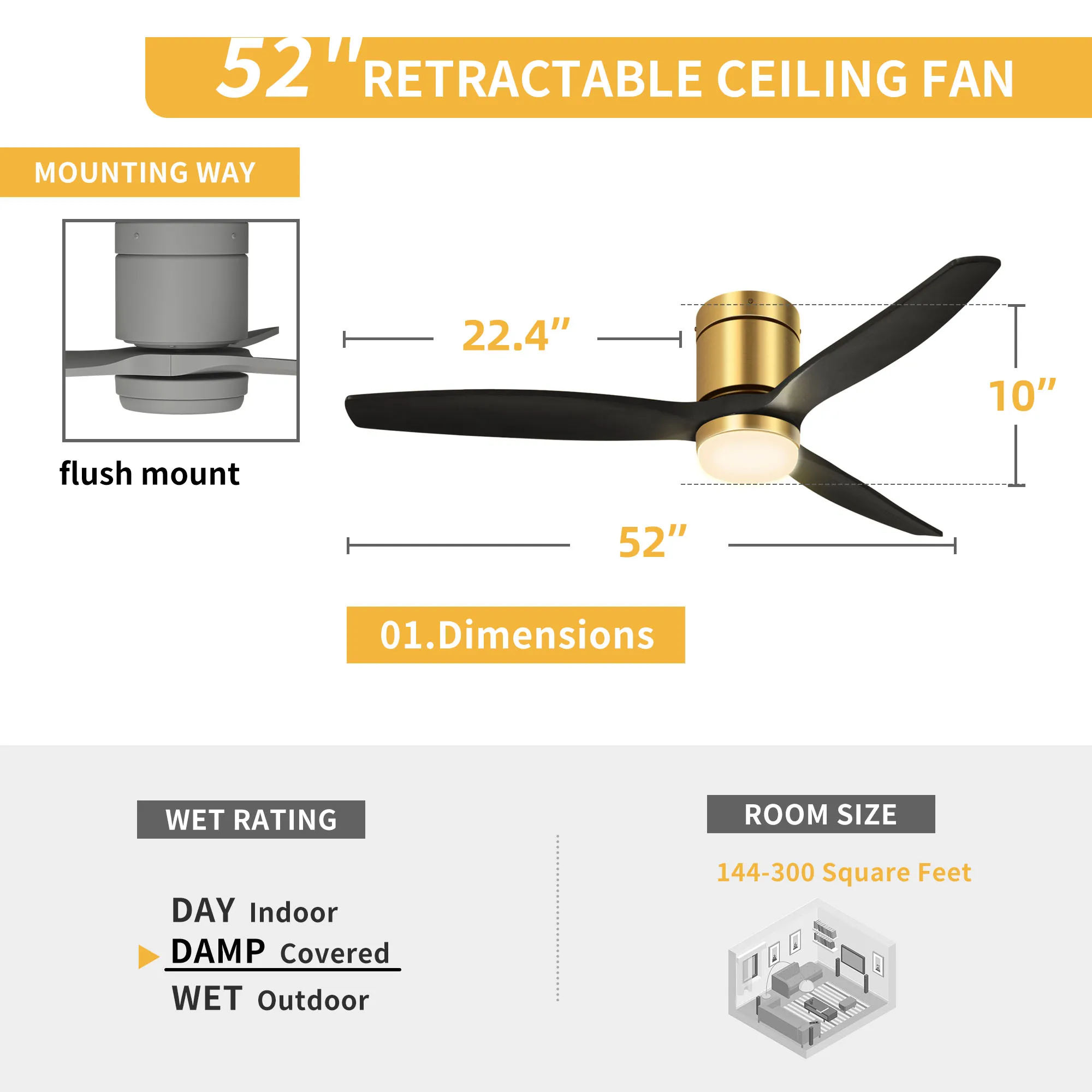 Ventilatori da soffitto da incasso da 52" con luci e telecomando reversibili a 3 pale