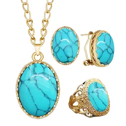 5 Colors Synthetic Turquoises Necklace Earring Ring Jewelry Set For Women Gold Color Fashion Red White Blue Stone Women Set