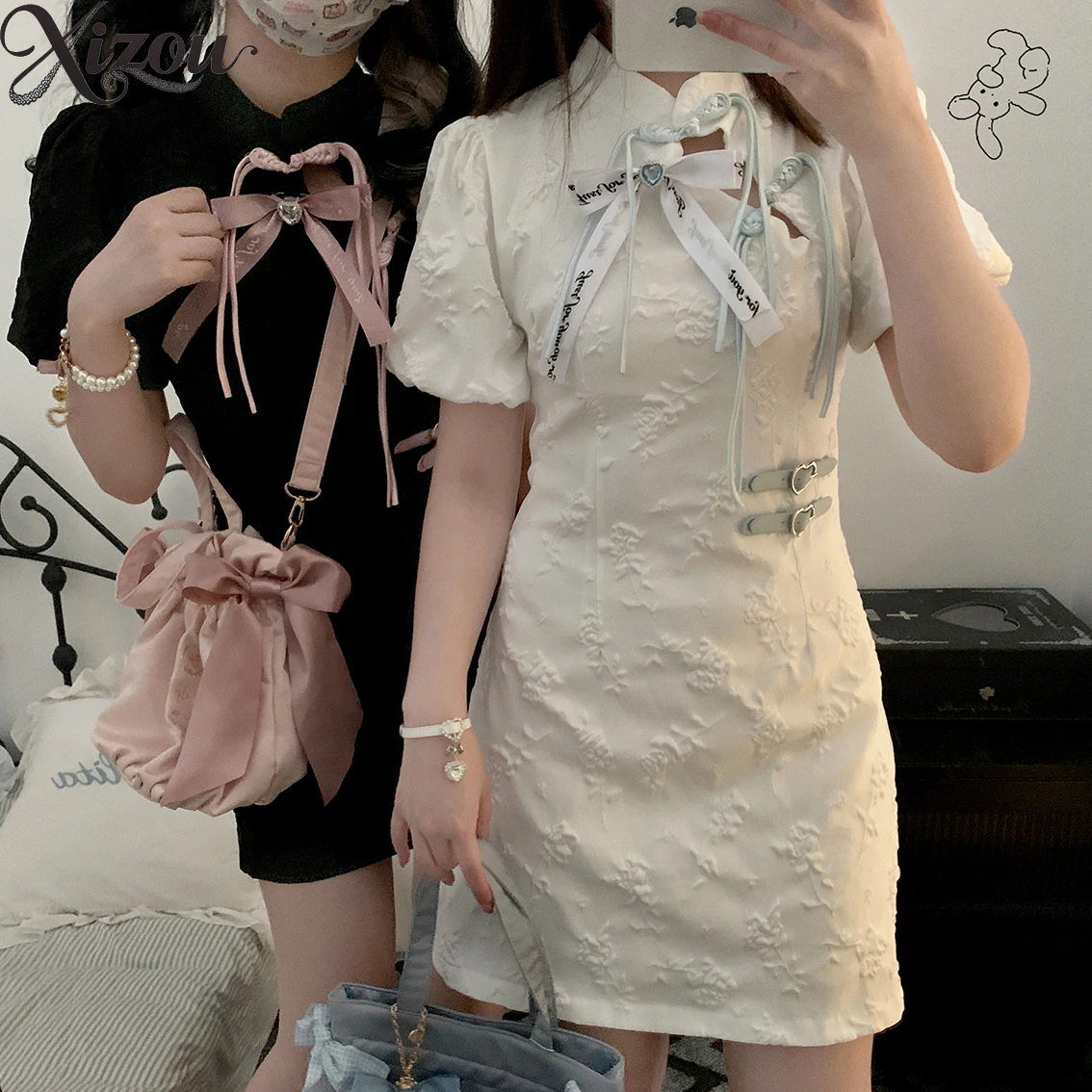 

Short Sleeve Kawaii Elegant Dresses for Women 2025 Sweet and Cute Ladies Love Buckle Casual New Summer Dress Japanese Style