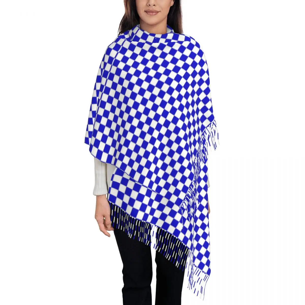 Checkerboard Pattern Scarf Women Blue and White Checker Head Scarves with Long Tassel Winter Casual Shawl Wrap Outdoor Foulard