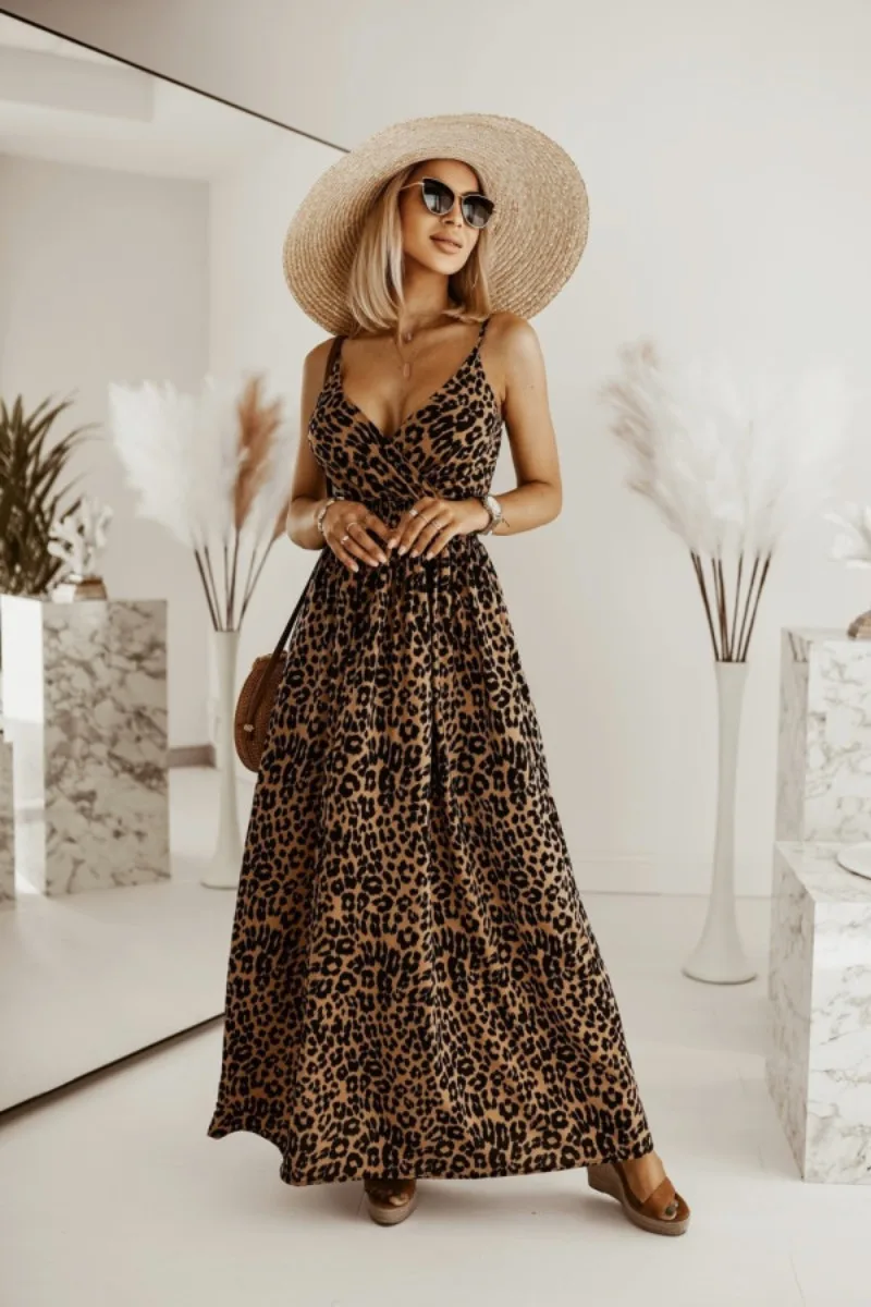 Women's New Sexy Fashion Leisure Commuting Beach Vacation Style Versatile Street Style Leopard Print V-neck Sling Dress