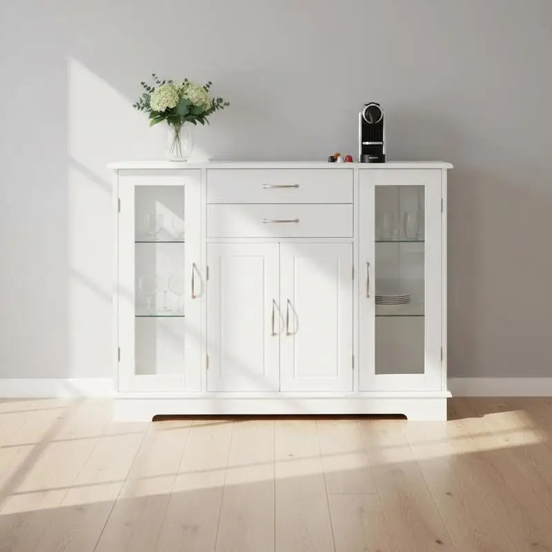 Buffets et armoires de rangement en blanc et brun : modèles avec tiroirs, placards et étagères réglables en hauteur pour cuisine et salon