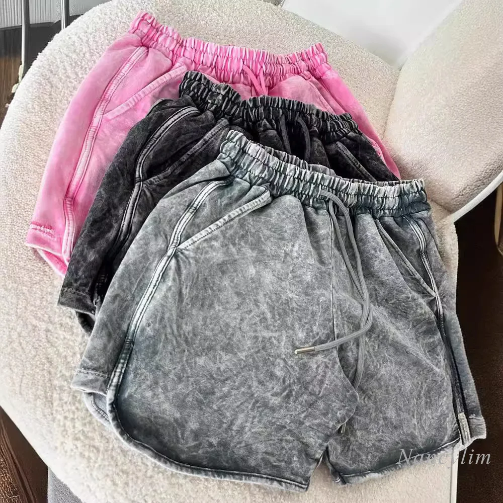 American Washed Distressed Drawstring Leisure Exercise Shorts Women's Loose Slimming All-Matching Low Waist Summer Hot Pants