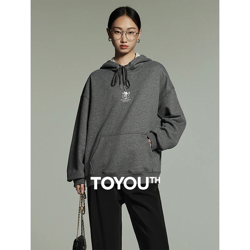 Toyouth Women Fleece Hoodies 2023 Winter Long Sleeve Hooded Sweatshirt Funny Pattern Print Casual Warm Wine Red Purple Gray Top