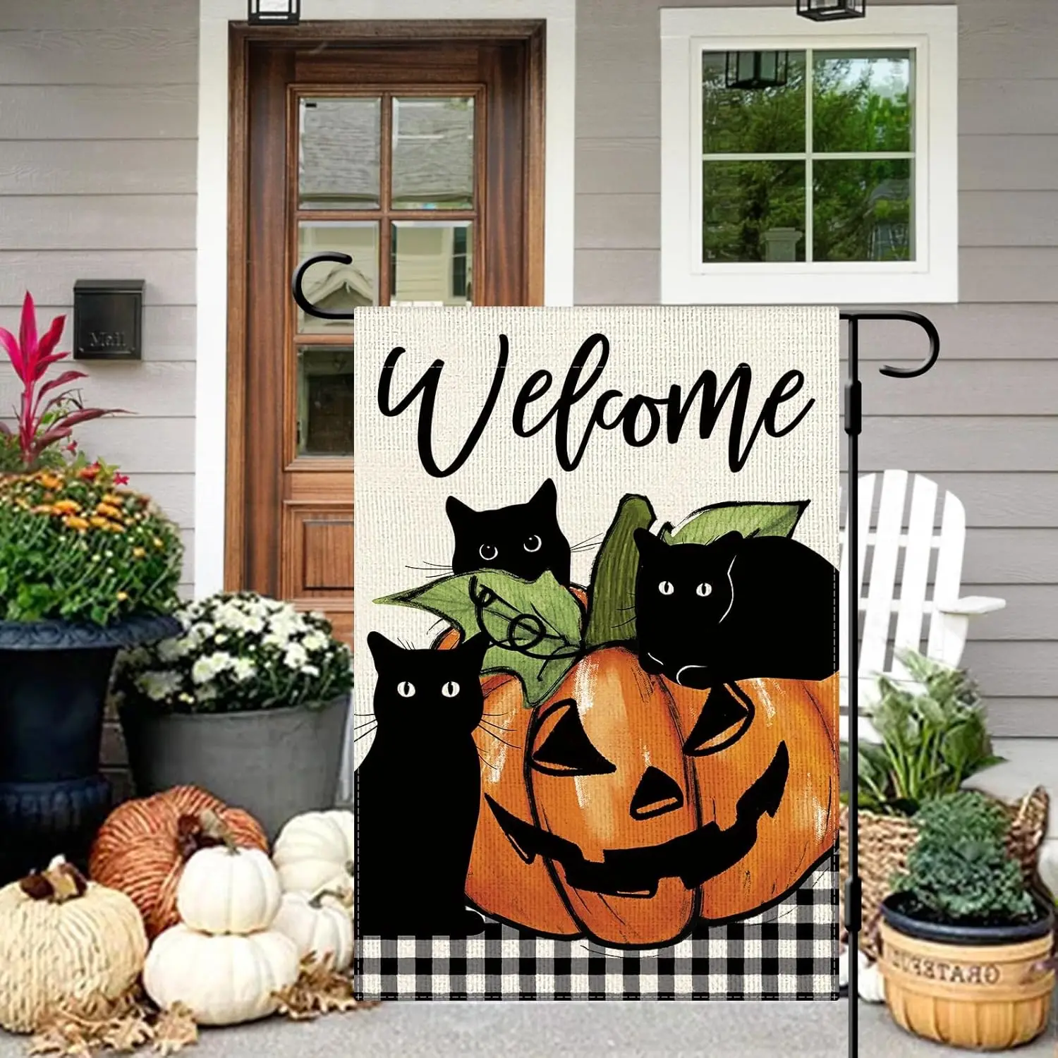 DLZDN Halloween Black Cat Garden Flag Ghost Pumpkin Garden Flag Welcome Yard Flag 12×18 Inch Double Sided Vertical Rustic Farmho