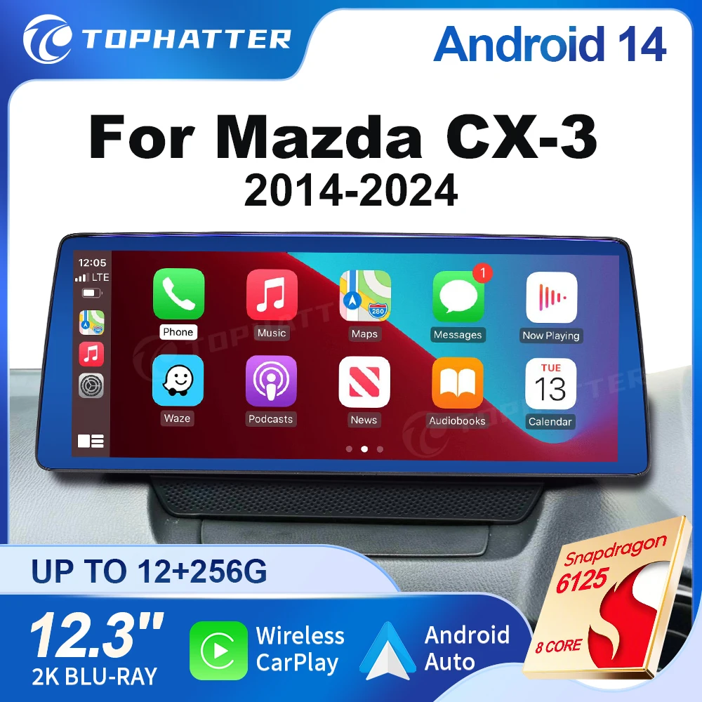 

Carplay 12.3 inch For Mazda CX-3 CX3 2014 - 2024 Car Radio Stereo GPS Navi Qualcomm Multimedia Player Android 14 2K HD Screen