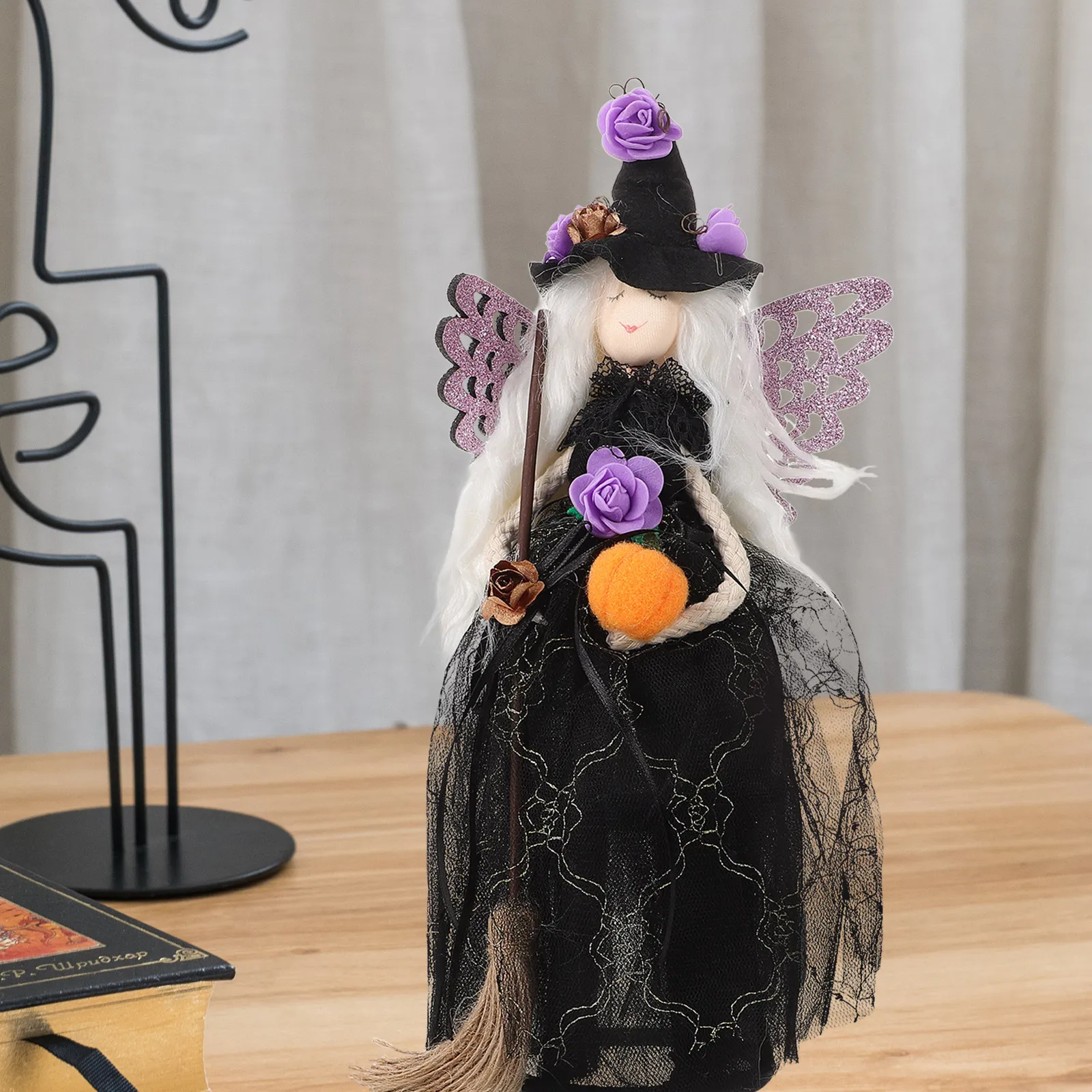 

Halloween Witch Tree Topper Silk Cloth Black Veil Spider Web Skirt Hat Broom Halloween Decor Home Party Ornament