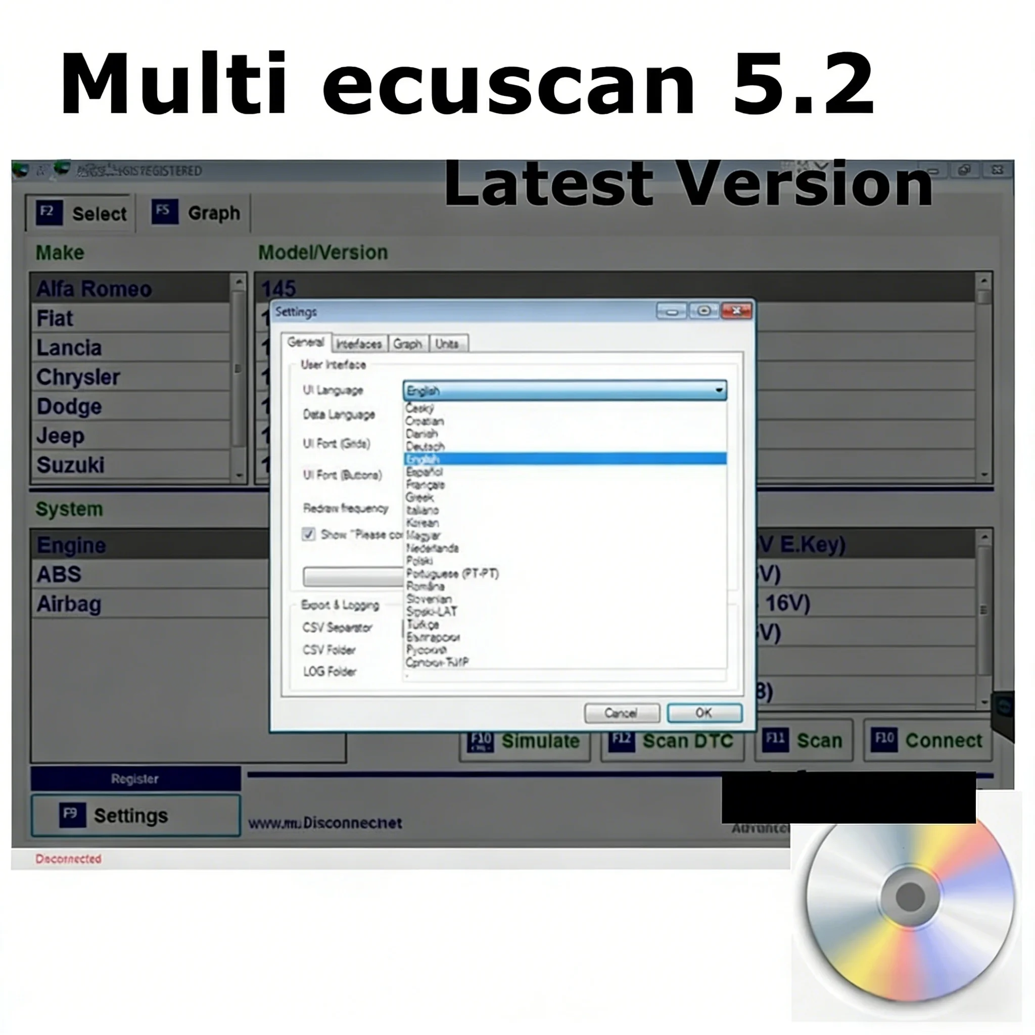 MultiEcuScan 5.2 Register Work With ELM327 Latest Version For OBD2 Diagnostic Tools Multiecuscan Software For Fiat Connector