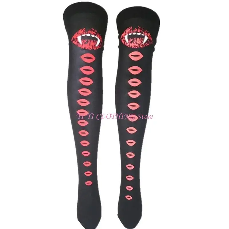 N5KF Women's Funny Skull Red Lips Print Thigh High Stockings Halloween Silk Over Knee Long Socks for Cosplay Party