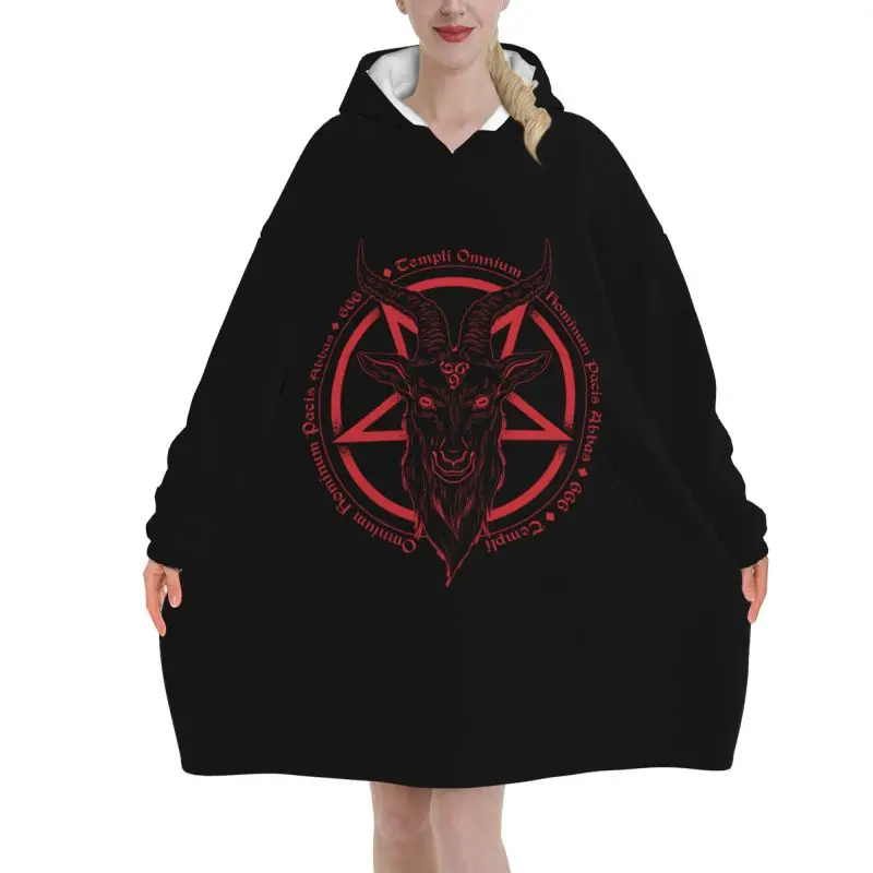 Vintage Baphomet Goat Head Print Wearable Blanket Hoodie Women Oversized Pullover Sweatshirt Warm Fleece Sherpa Hooded Blanket