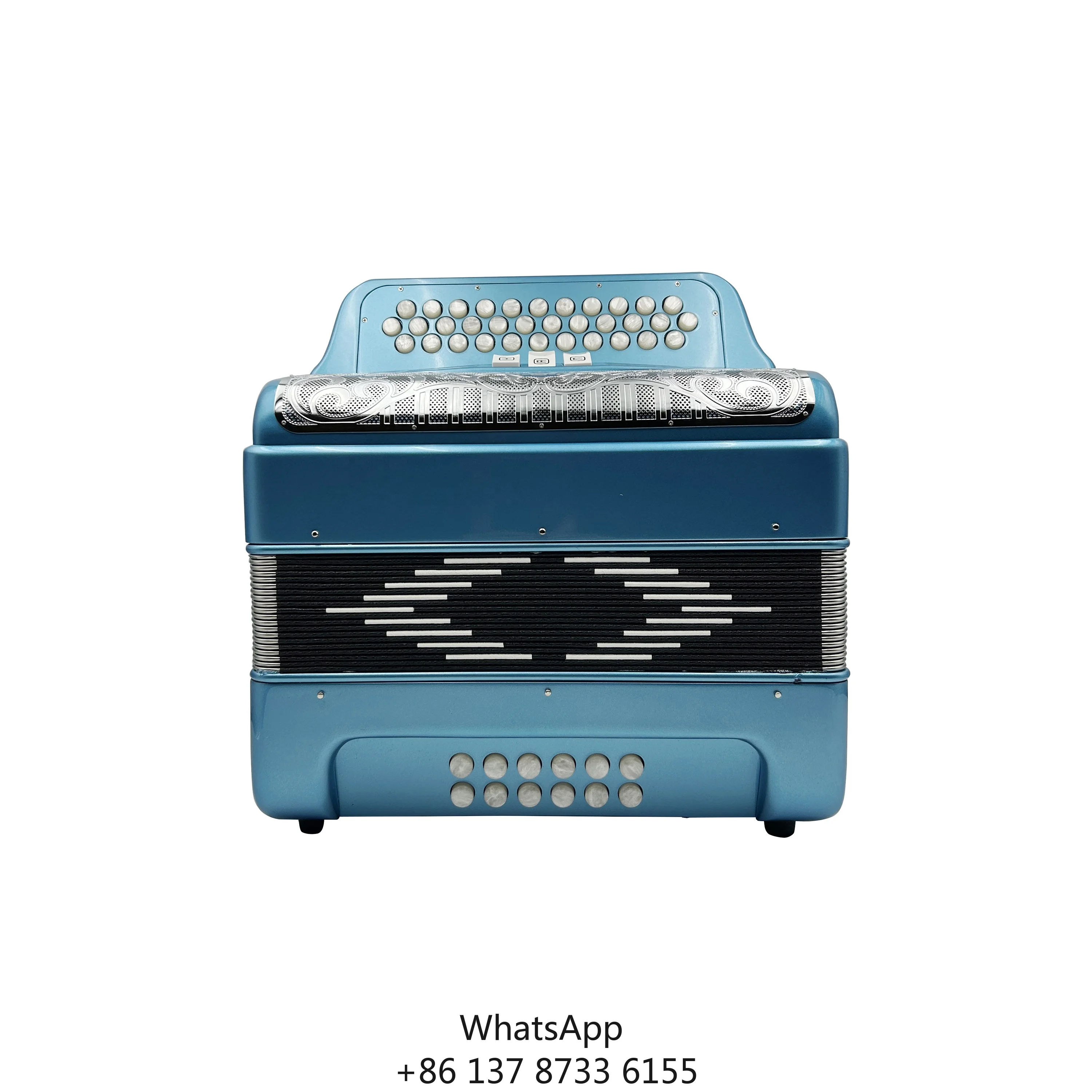 

Professional Diatonic 34-Button 12-Bass 3-Register Blue Metallic Accordion Silver Grill White Buttons JB3412C Portable