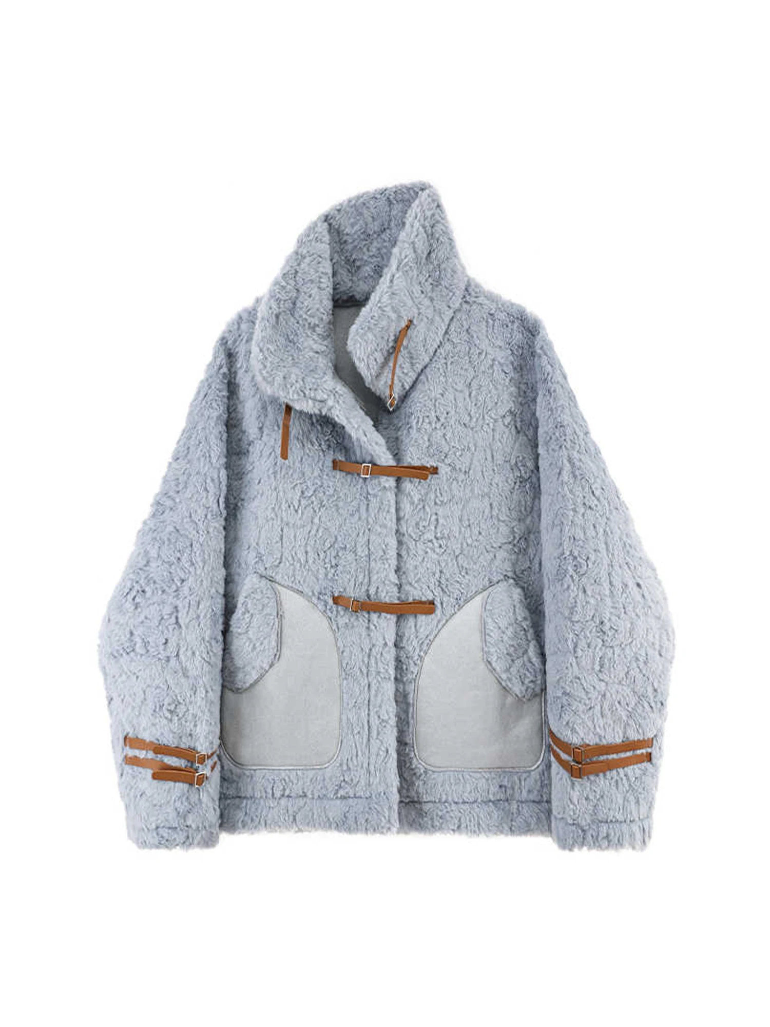 Women's Blue Teddy Coat Vintage Lamb Wool Fur Jacket Harajuku 2000s Aesthetic Long Sleeve Autumn Coats Loose Outerwear Clothes