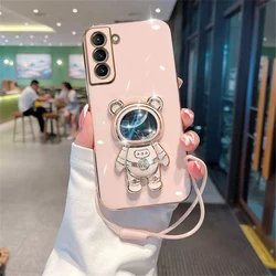 Funda de teléfono con soporte de astronauta Quicksand para Samsung S22 S21 S10 Plus S20 FE Note 20 Ultra S23 Glitter Bear 3D Stand Lanyard Cover