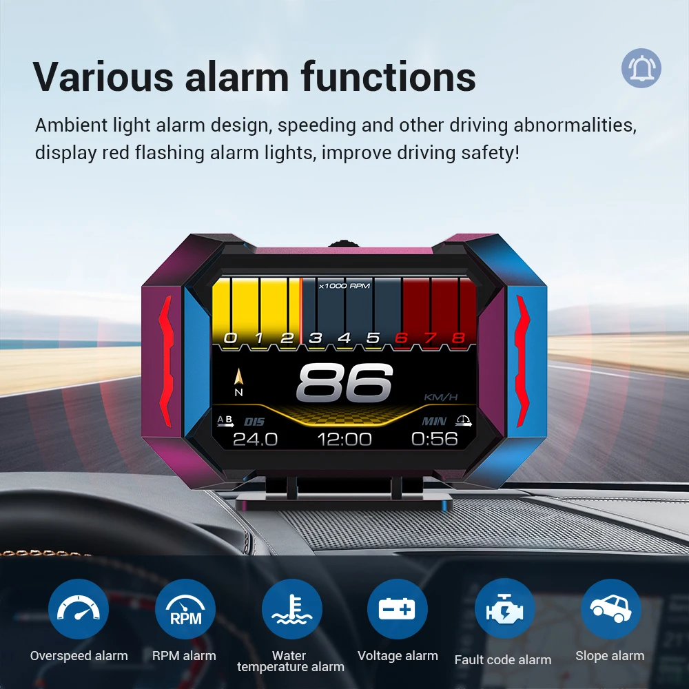 Velocímetro digital para carro, Head Up Display, computador de bordo, temperatura da água, consumo de combustível, medidor de inclinação, OBD + GPS HUD P25