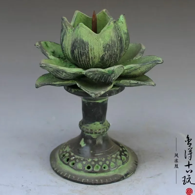 

Chinese Antique Handmade Bronze Lotus Statue Candlestick Incense Burner
