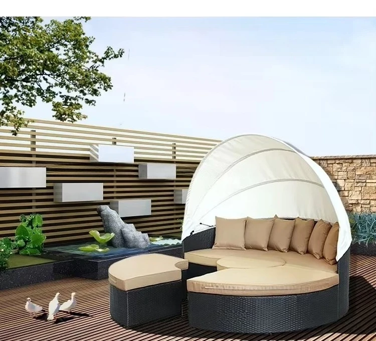 Comfortable Outdoor Round Lounge Bed with Sunshade Canopy and Side Tables