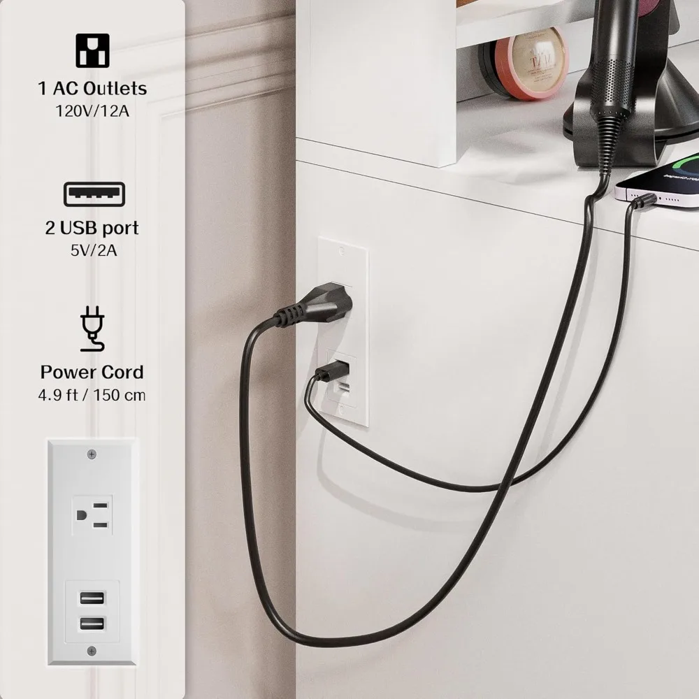 Piccola toeletta con specchio e luce, toeletta con stazione di ricarica, toeletta compatta con scatola portaoggetti