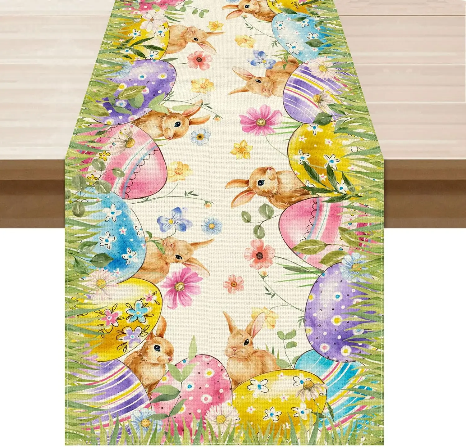 Easter Bunny Eggs Watercolor Grass Linen Table Runner Party Decor Reusable Spring Kitchen Dining Table Runner Easter Decorations