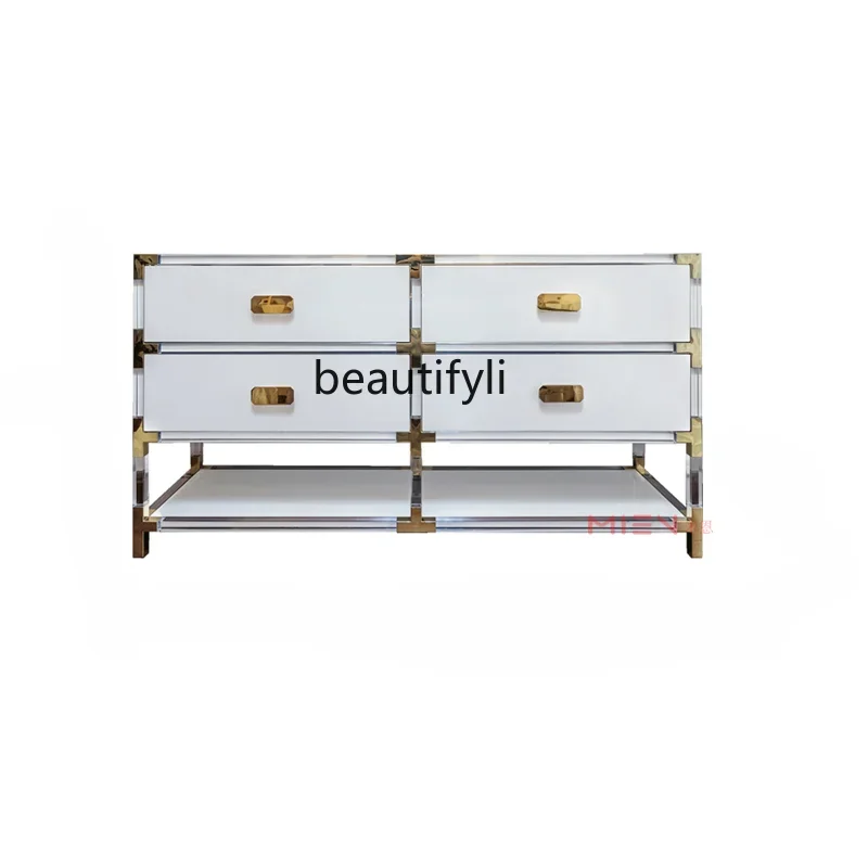 

Exquisite Light Luxury High Transparent Acrylic Chest of Drawers White Cabinet Body with Golden Parts Model Room Furniture