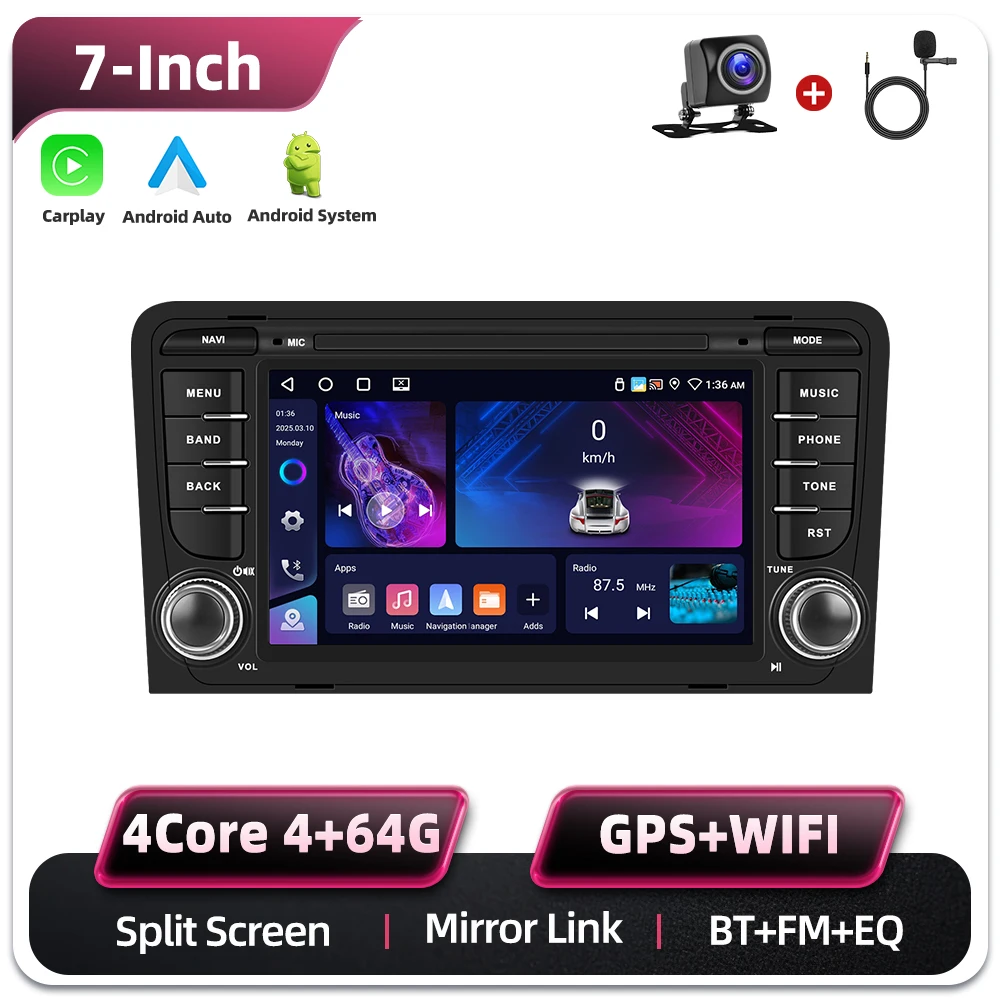 Podofo 7 Zoll 2 Din Autoradio Multimedia-Player für Audi A3 8P/A3 8P1 3-Türer Schrägheck/S3 8P/RS3 Sportback 6+128G HD Kapazitiver Touchscreen Kabelloses Carplay Android Auto Mirror Link