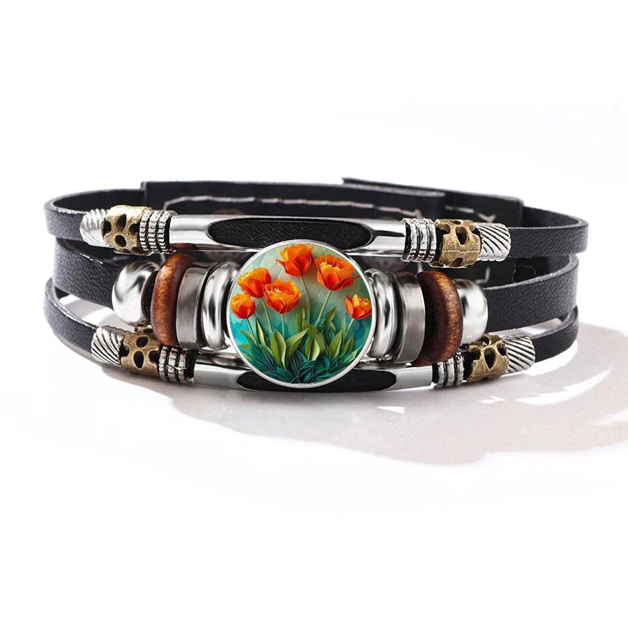 Popular Vibrant Orange Tulip Floral Glass Cabochon Stack Leather Bracelet Botanical Floral Casual Wrist Accessories
