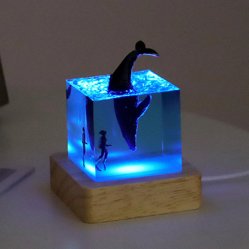 Cubo de resina para decoración de mesa, lámpara de arte creactivo, ballena, Delfín, tiburón, tema de luz nocturna, carga USB, 7 colores, 5cm