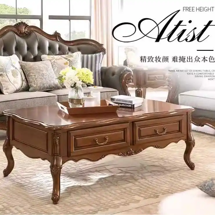 

American solid wood coffee table office double pumping storage long table European tea table household small apartment living ro