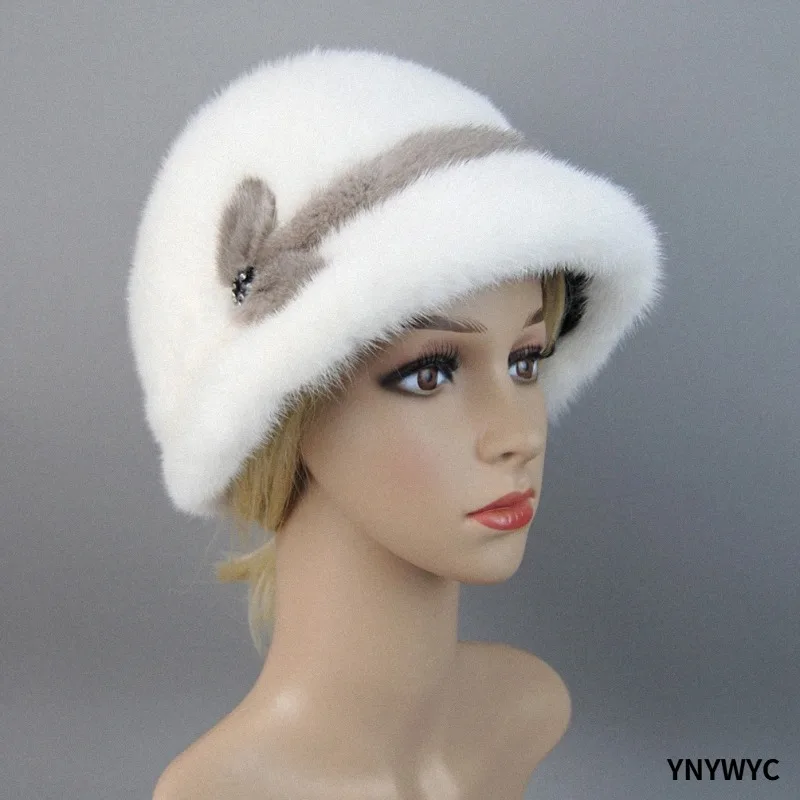 2025 New Russian Girl Soft Knitting Real Fur Bucket Hats Woman Winter Solid Mink Caps With Fashion arrow Natural Mink Fur Hats