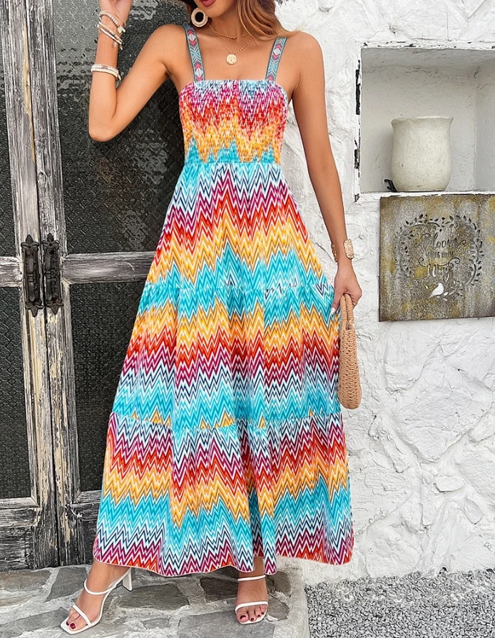 

Women's Dress 2024 Summer Vacation Casual Tie Dye Print Square Neck Thick Strap Shirring High Waist A-line Slit Maxi Dress