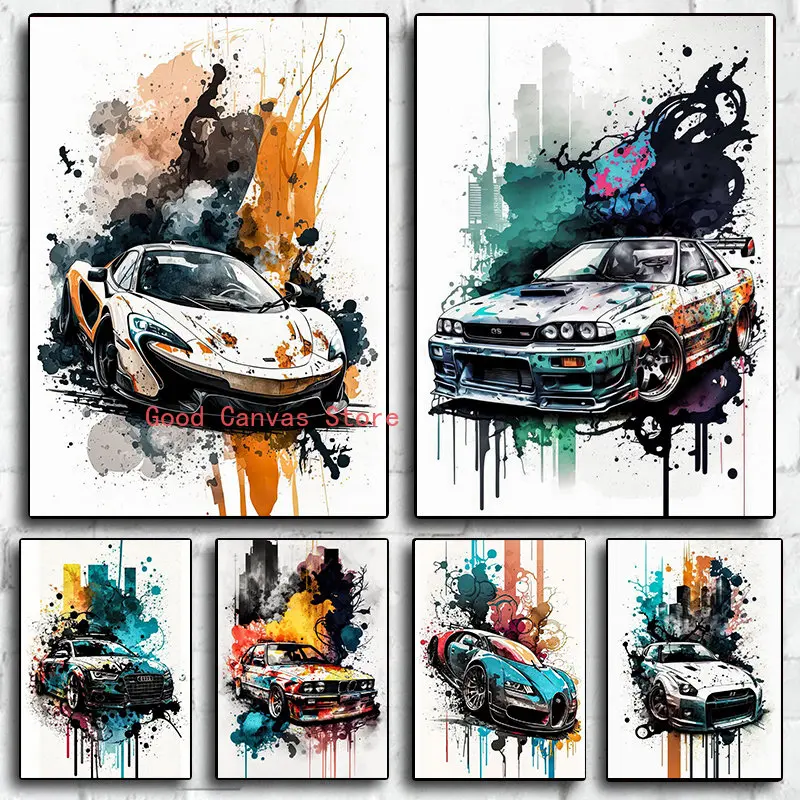 Watercolor Racing Car Power Posters and Prints Minimalistic Graffiti Cars Canvas Painting Abstract Wall Art for Room Home Decor