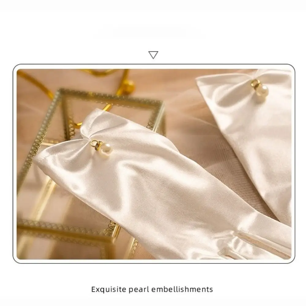 قفازات الزفاف الأنيقة بخمسة أصابع لوليتا JK قفازات الزفاف اللؤلؤية أبيض وأسود قفازات القيادة للنساء والفتيات #4