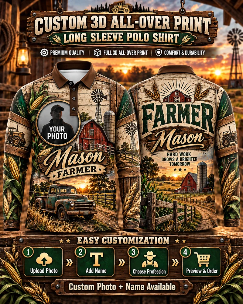 Personalized Farmer Polo for Men Add Photo and Name 3D Printed Long Sleeve Tractor Agriculture Shirt for Farm Work Country Gift