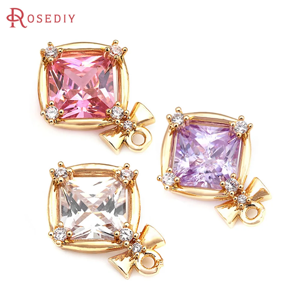 6PCS 18K Gold Color Brass and Zircon Rhombus Bow-knot Charms Pendants High Quality Jewelry Making Necklace Earrings Accessories