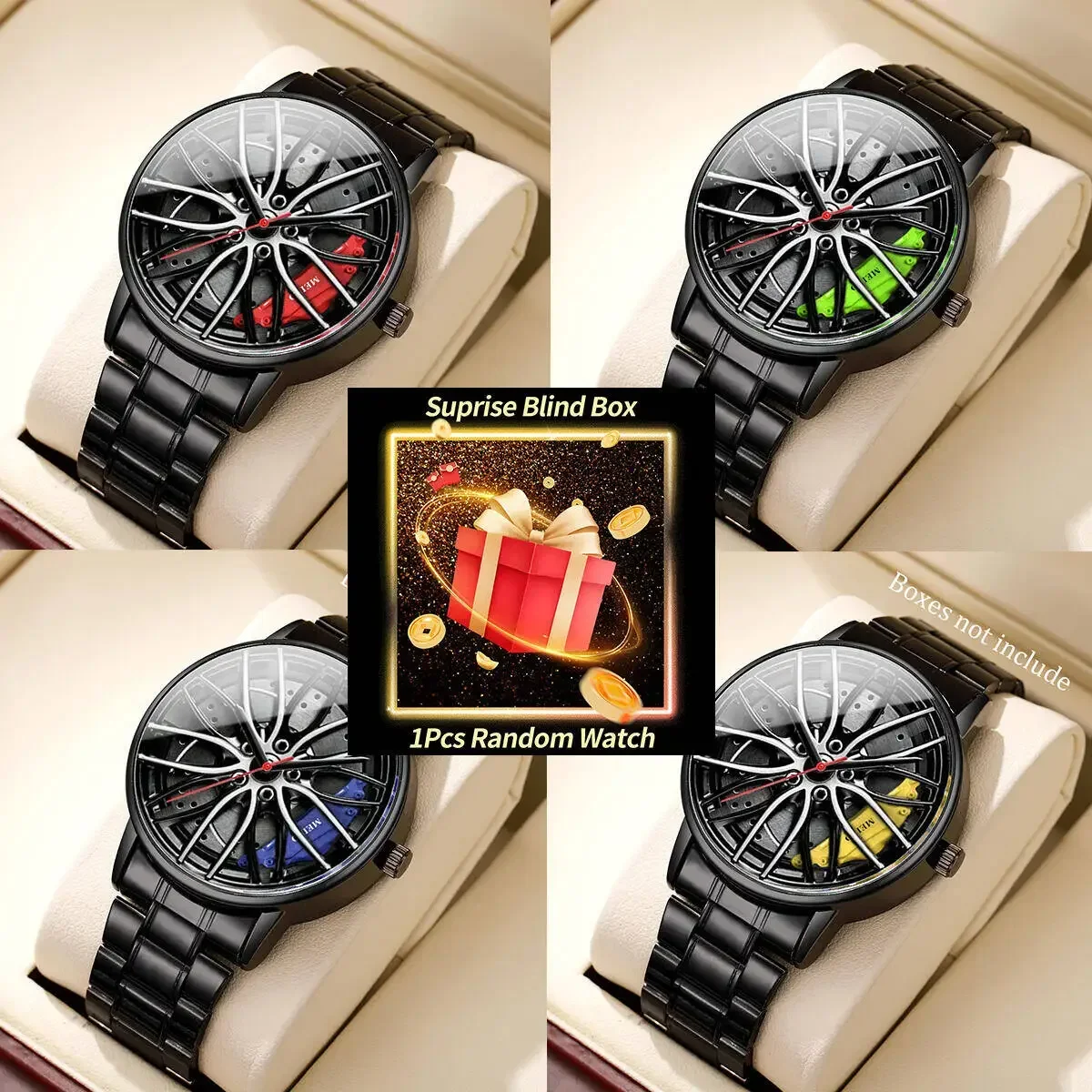 Mystery Blind Box Men Watch Random Car Wheel Rim Dial Quartz Wristwatch Stainless Steel Band Hollow Male Watch Gift