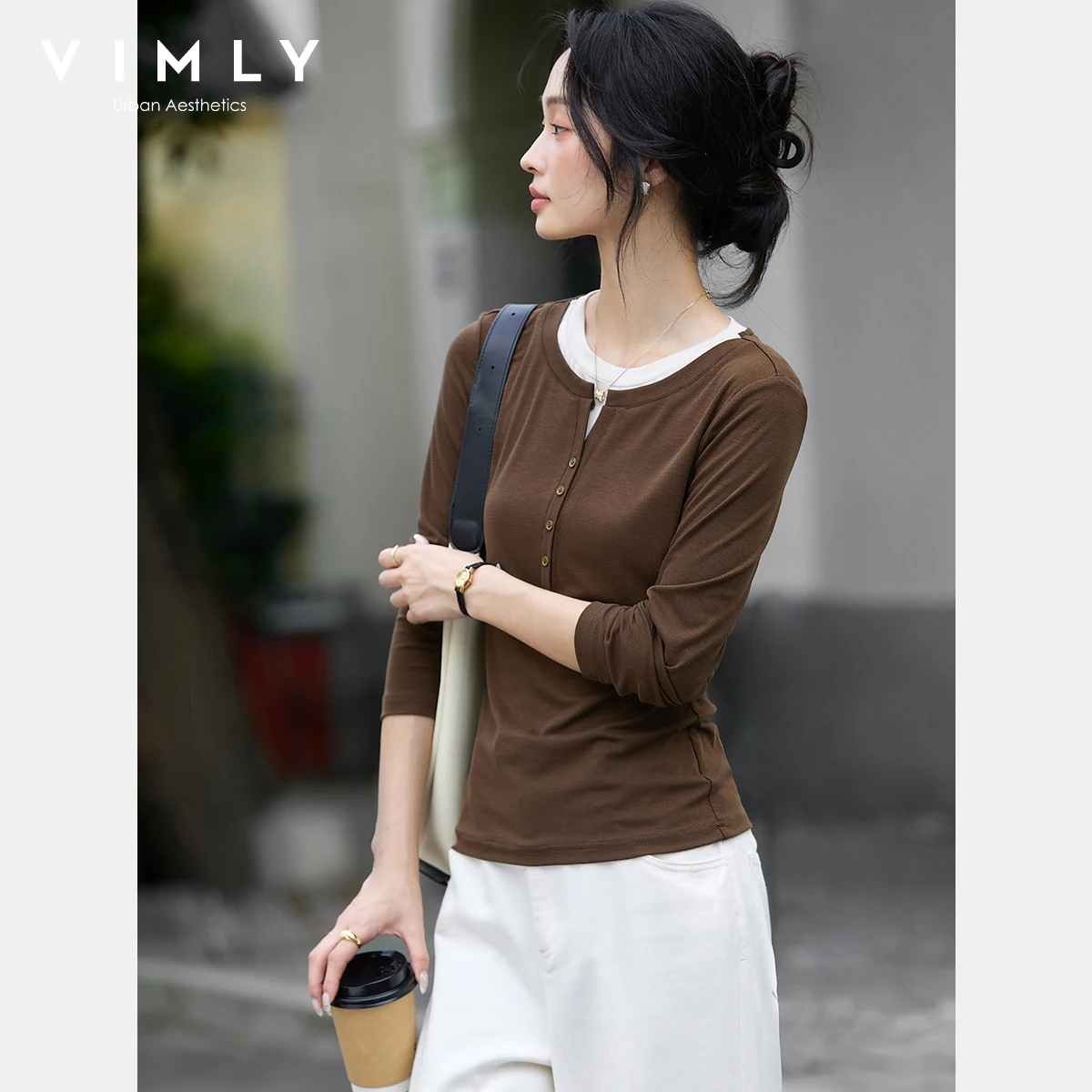 VIMLY Patchworkowe Koszulki 2 w 1 Jesień 2025 Codzienne Łączone Dopasowane Dzianinowe Bluzki z Długim Rękawem Okrągły Dekolt Elastyczne Damskie T-shirty A2173