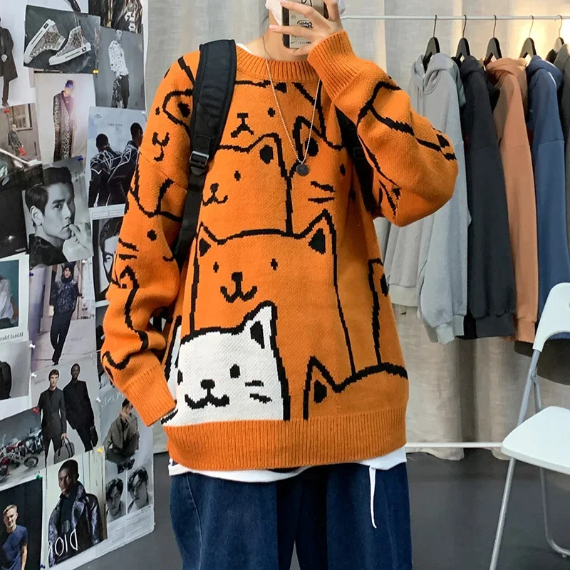 Streetwear Cartoon Cat Sweater Women Korean Fashion Knit Pullover Female Jersey Top Student Hip Hop Casual Jumper Mujer Unisex