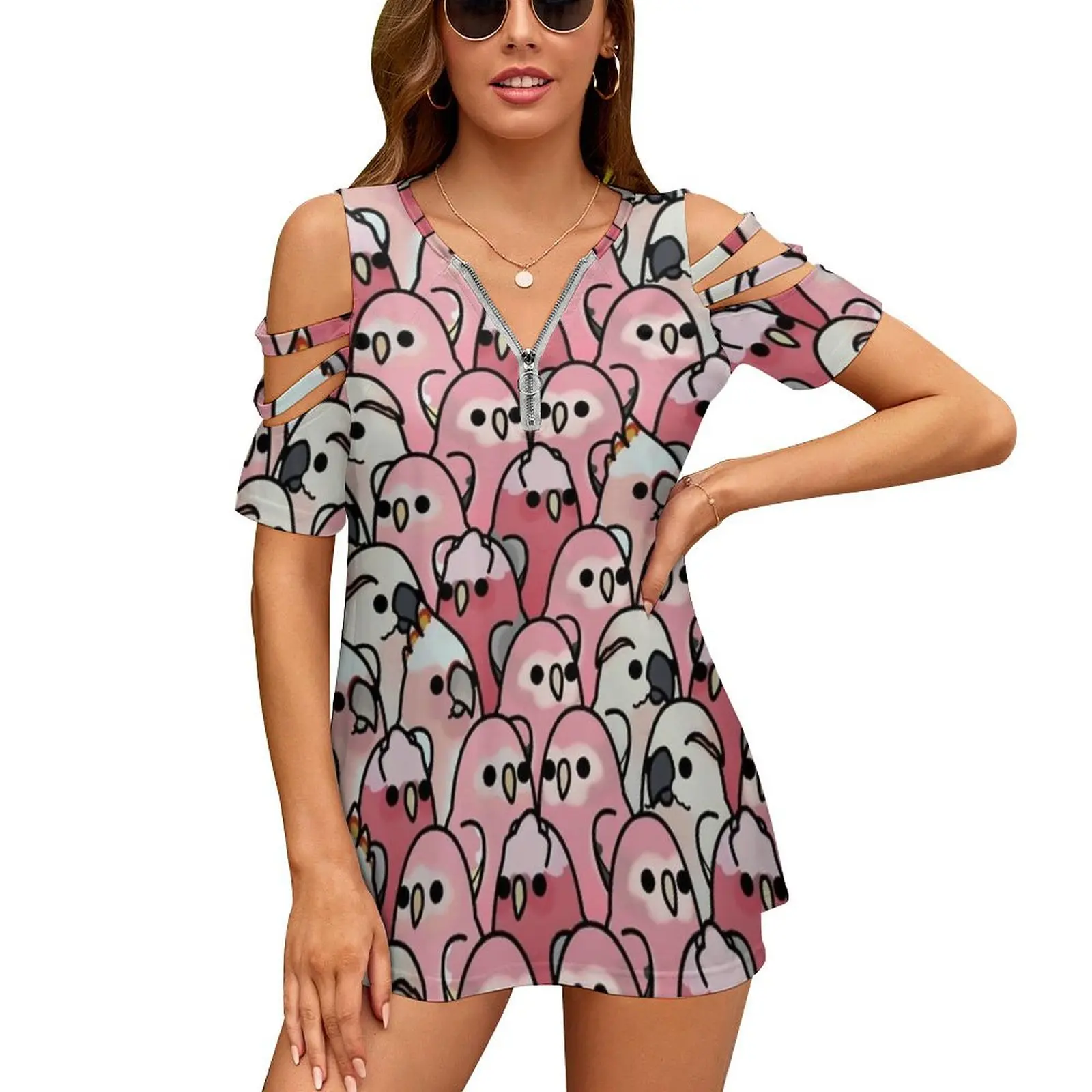 Too Many Birds!-Pink Parrot Posse! Women'S T-Shirt Summer Fashion Print Floral V-Neck Zipper Tshirt Hollow Pullover Ladies Top