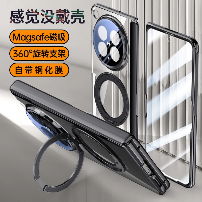 For Magsafe OPPO Find N6 Case Electroplated Transparent Magnetic Rotating Bracket Folding Hinge With Film Lens Protection Cover