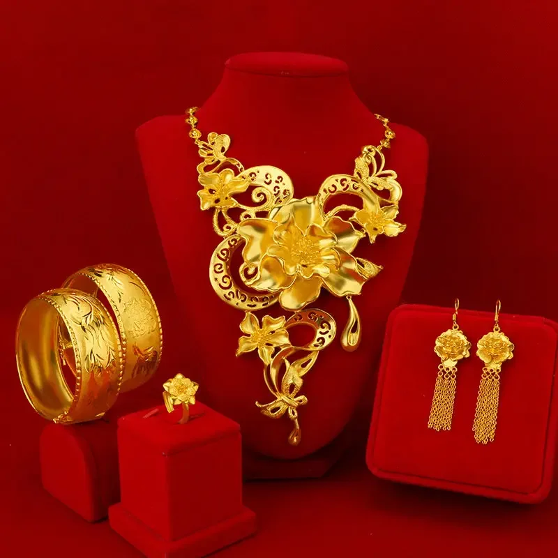 

Luxury Premium Wedding Jewelry Set Gold Plated Delonix Regia Gorgeous Light Luxury Bride Imitation Gold Ornament Gold Jewelry