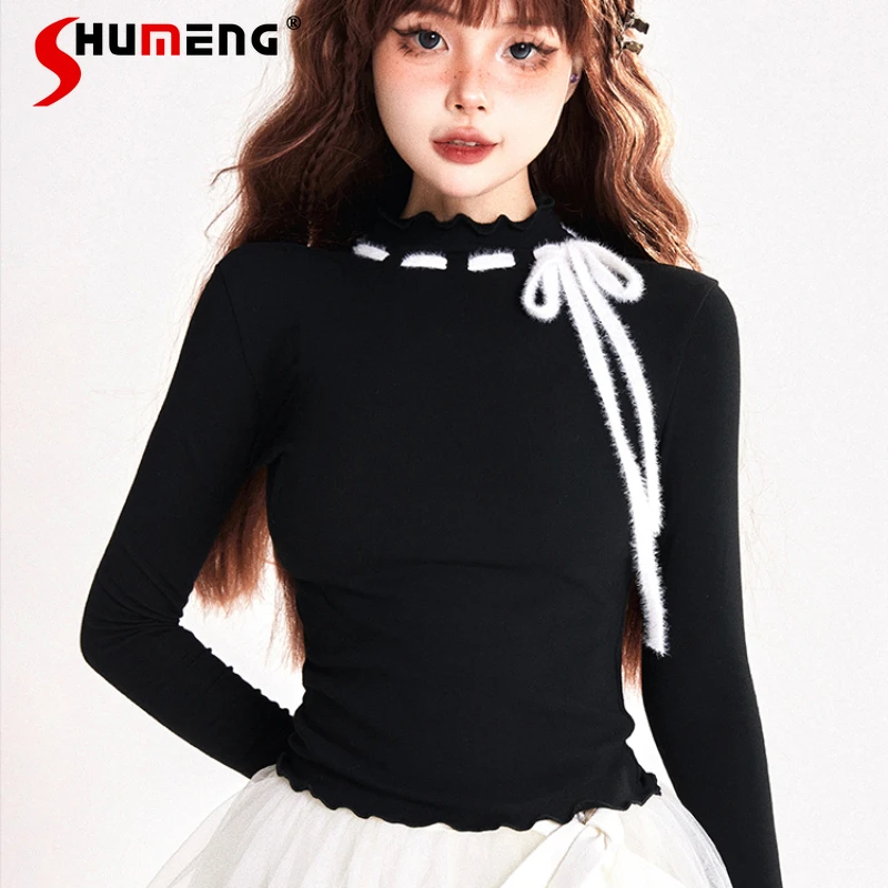 

Women's Clothing Japanese Style Autumn And Winter New Top Tees Half Turtleneck Flounce Trim Lace Up Y2k Inner Bottoming T-shirts