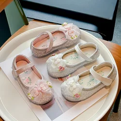 Scarpe singole per ragazze 2-16 anni rosa Glitter fiocco fiori ragazze scarpe da principessa Beige moda antiscivolo sandali per bambini